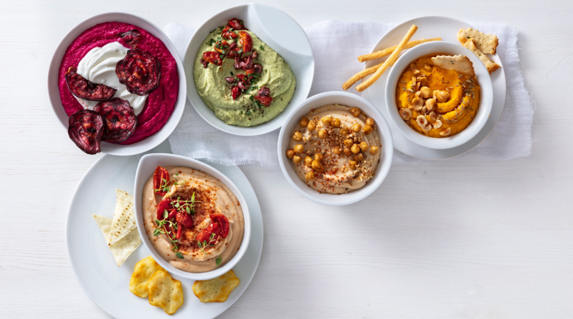 hummus di ceci, piselli, lenticchie, carote, barbabietola