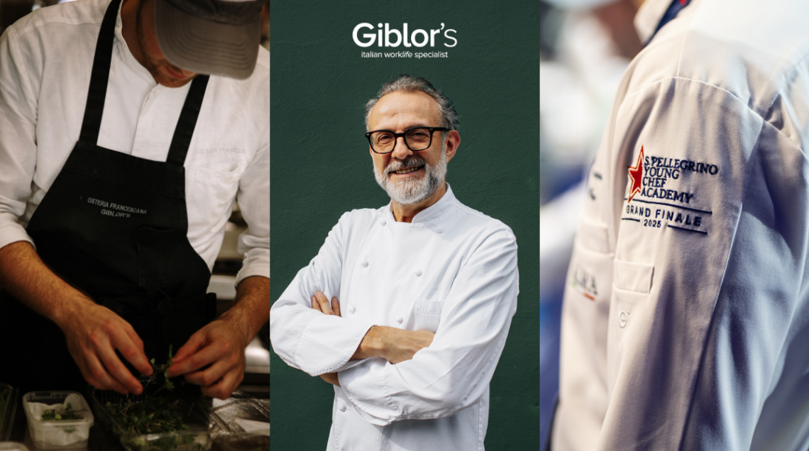 Collage fotografico che mostra lo chef Massimo Bottura e le divise Giblor’s per l'Osteria Francescana e la S.Pellegrino Young Chef Academy