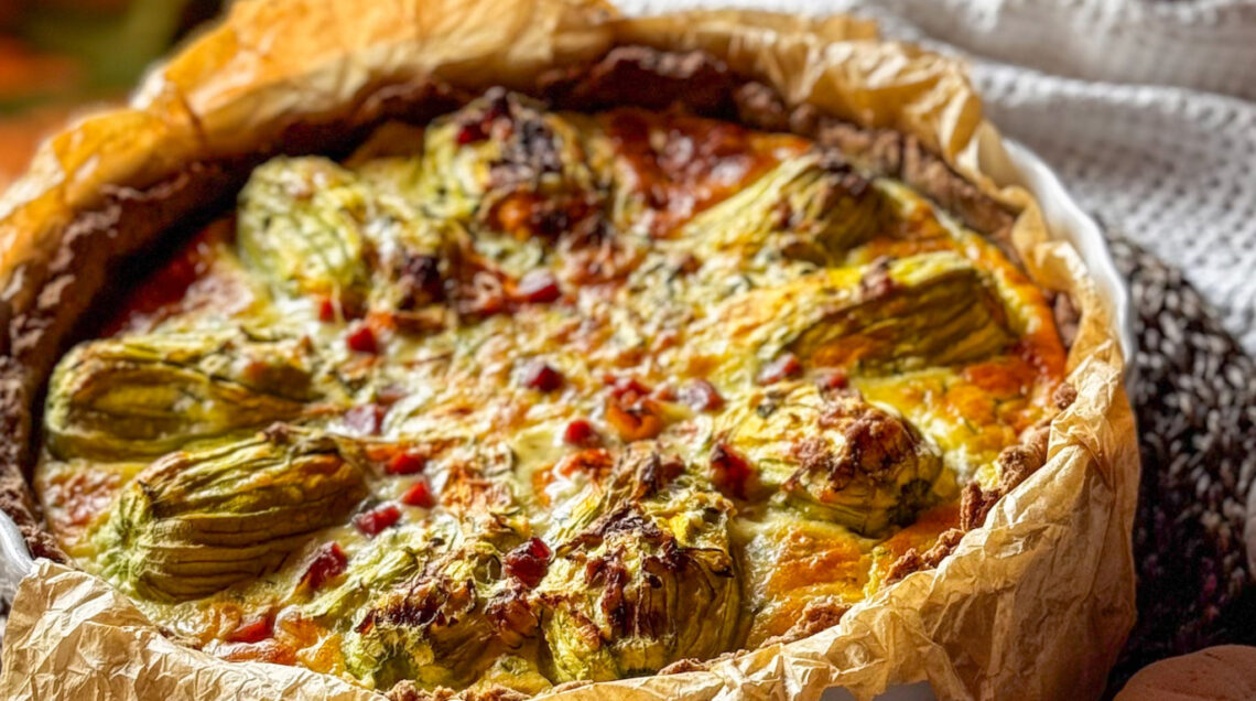 Torta salata con brisée e fiori di zucca farciti con ricotta, pecorino e parmigiano