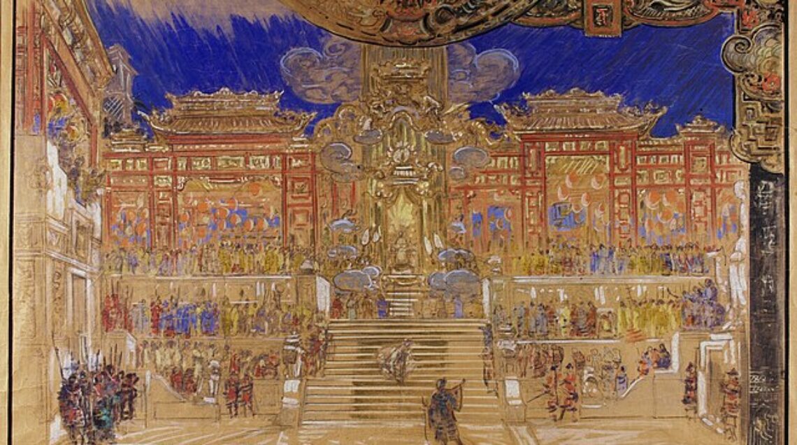 bozzetto di Galileo Chini per Turandot del 1924 in cui viene rappresentato Il vasto piazzale della Reggia