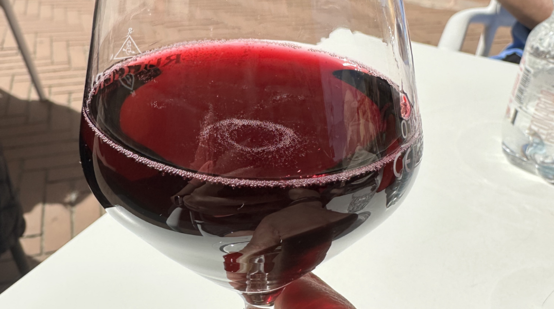 Calice di vino Lambrusco Grasparossa di Castelvetro con la tipica spuma vivace.