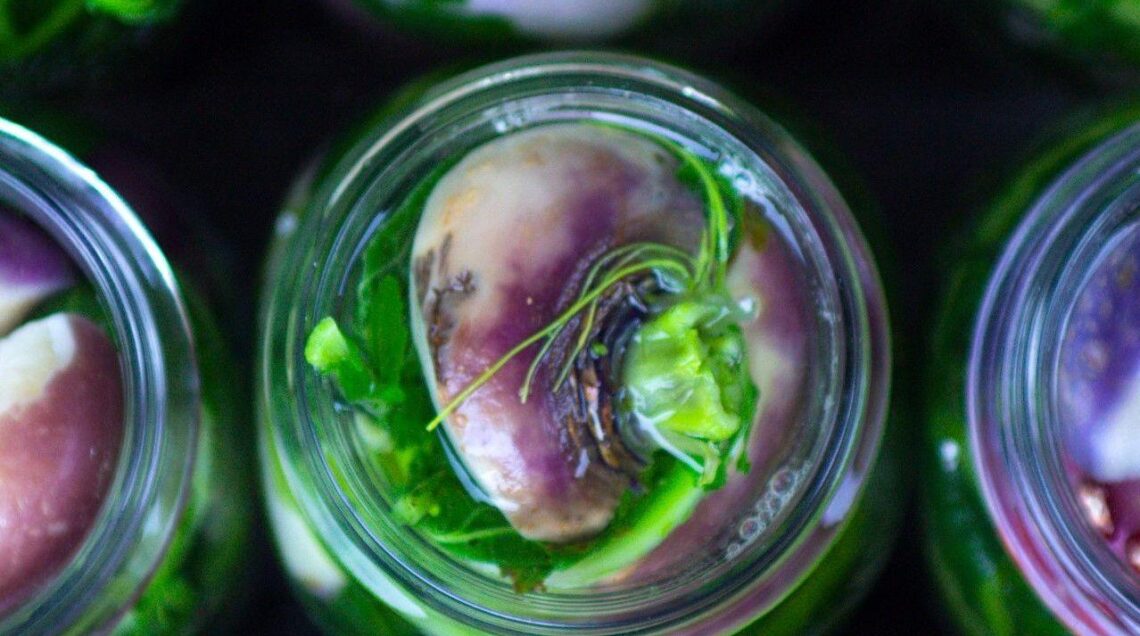 Vista dall'alto di vasetti in vetro colmi di rape viola e foglie verdi per la preparazione del Pestith