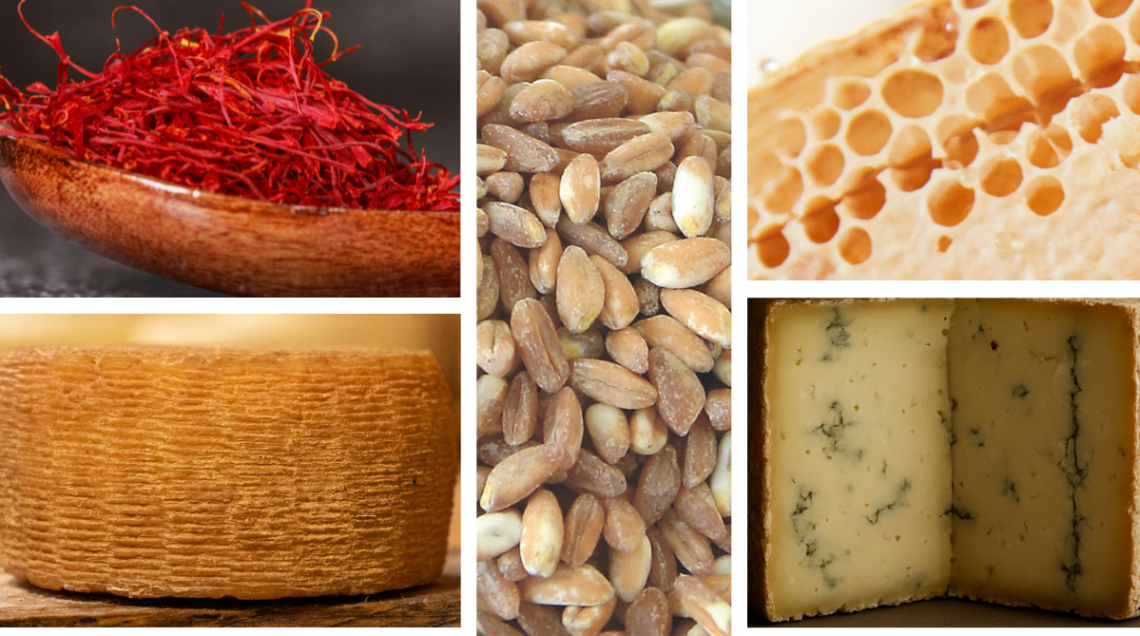 collage di 5 prodotti: zafferano, miele, farro, strachitunt, canestrato