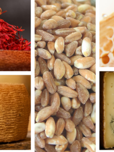 collage di 5 prodotti: zafferano, miele, farro, strachitunt, canestrato