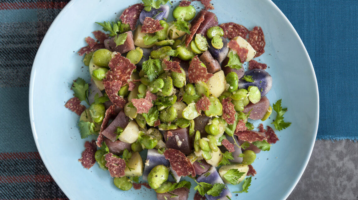 Insalata cotta di fave stufate al vino, patate e salame croccante