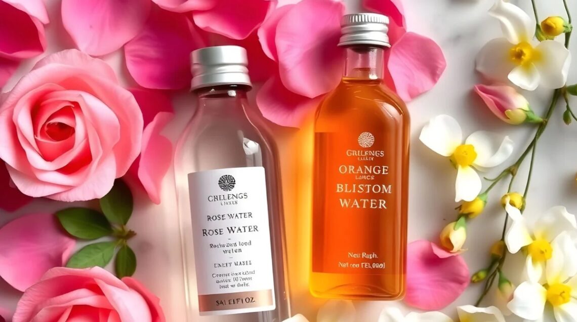 Una boccetta di acqua di rose e una di acqua di fiori d'arancio, in mezzo a tanti petali
