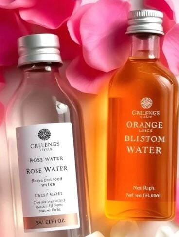 Una boccetta di acqua di rose e una di acqua di fiori d'arancio, in mezzo a tanti petali