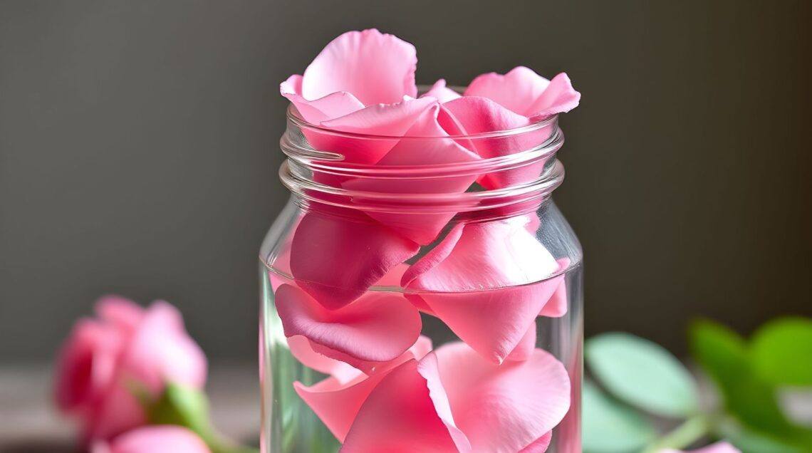 vaso di vetro con acqua di rose fatta in casa e petali di rosa damascena