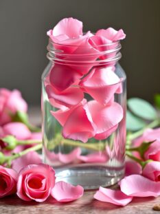 vaso di vetro con acqua di rose fatta in casa e petali di rosa damascena