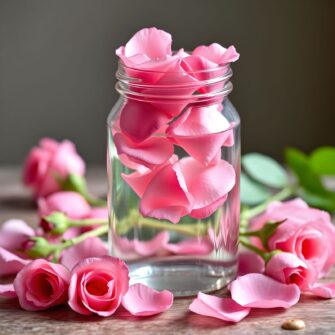 vaso di vetro con acqua di rose fatta in casa e petali di rosa damascena