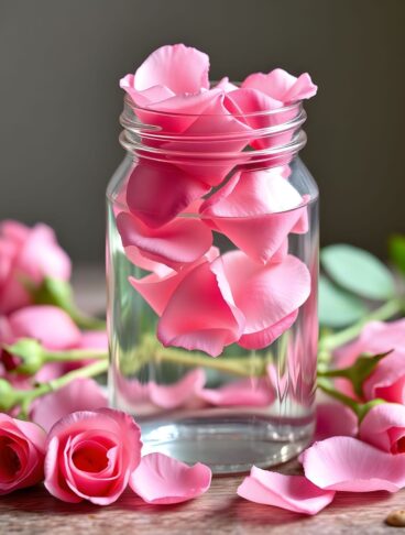 vaso di vetro con acqua di rose fatta in casa e petali di rosa damascena