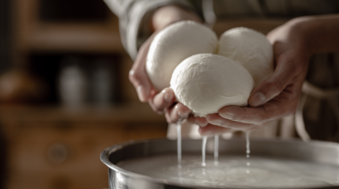 Mani che sollevano tre mozzarelle fresche e gocciolanti sopra una vasca d'acqua.