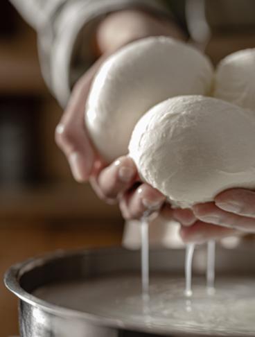 Mani che sollevano tre mozzarelle fresche e gocciolanti sopra una vasca d'acqua.