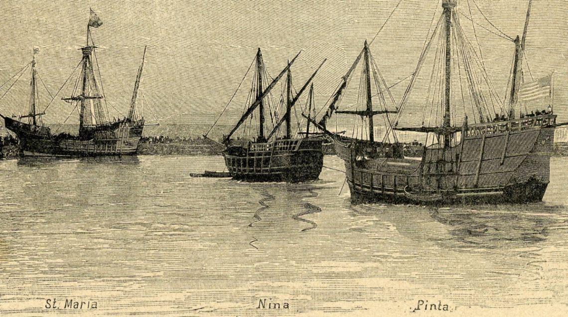 Xilografia del 1893 che rappresenta le tre caravelle di Cristoforo Colombo alla partenza, con i nomi