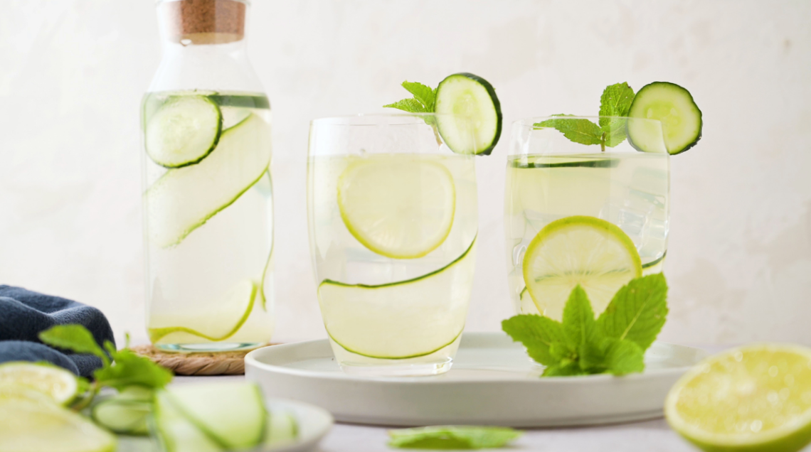 Caraffa e due bicchieri di acqua detox con fette di cetriolo, limone e foglie di menta su un tavolo chiaro.