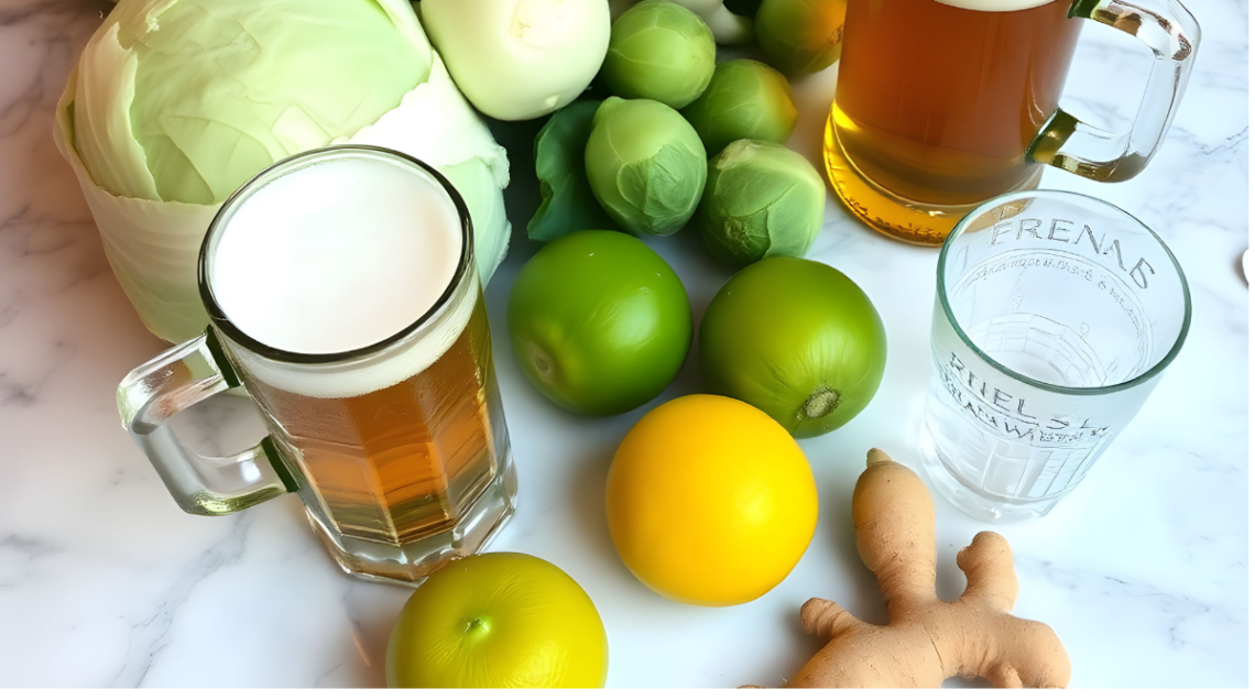 ci sono raggruppati su un tavolo di marmo alcune tipologie di cavoli, birre, acqua tonica, pompelmi e zenzero