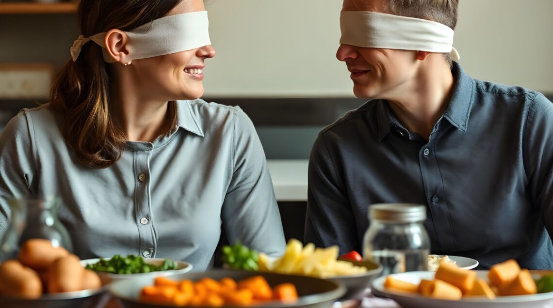 Una coppia bendata di fronte a un tavolo pieno di cibo. La genetica del gusto non è uguale per tutti, le preferenze individuali dipendono dai nostri geni