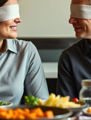 Una coppia bendata di fronte a un tavolo pieno di cibo. La genetica del gusto non è uguale per tutti, le preferenze individuali dipendono dai nostri geni