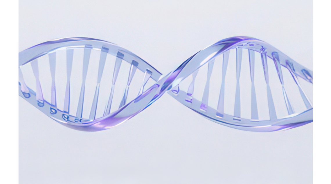 Genetica del gusto - La catena del DNA vista da vicino, immagine fatta al computer, blu su fondo bianco
