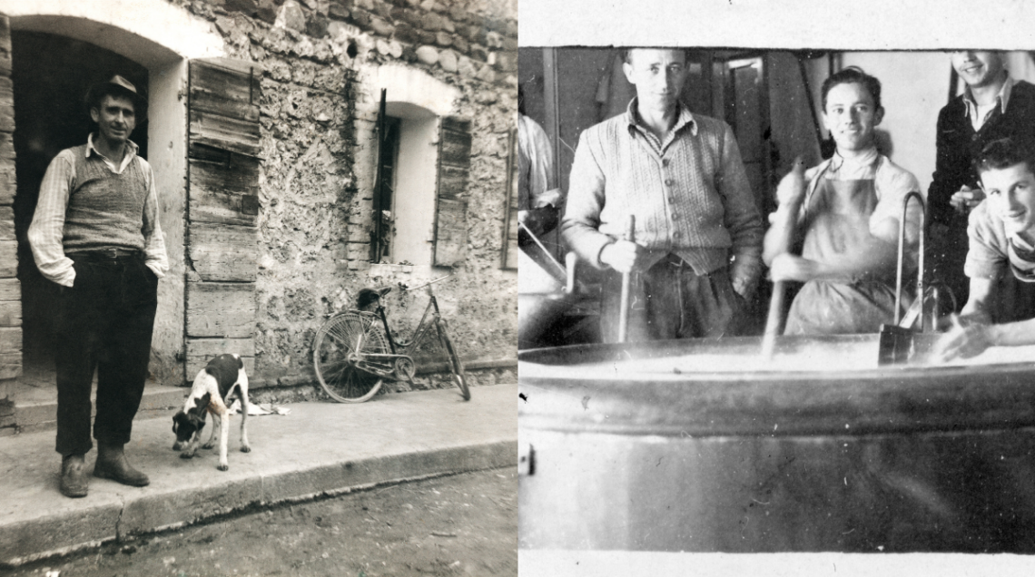 Collage di foto d'epoca in bianco e nero: il fondatore Giovanni Lazzarin e i primi casari al lavoro.