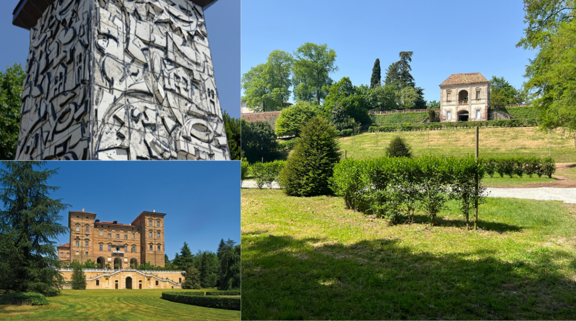 Collage di tre immagini: il Monumento alla Stufa di Ugo Nespolo a Castellamonte, la facciata della Residenza Ducale di Agli&egrave; e uno scorcio del Giardino del Castello a San Giorgio Canavese.