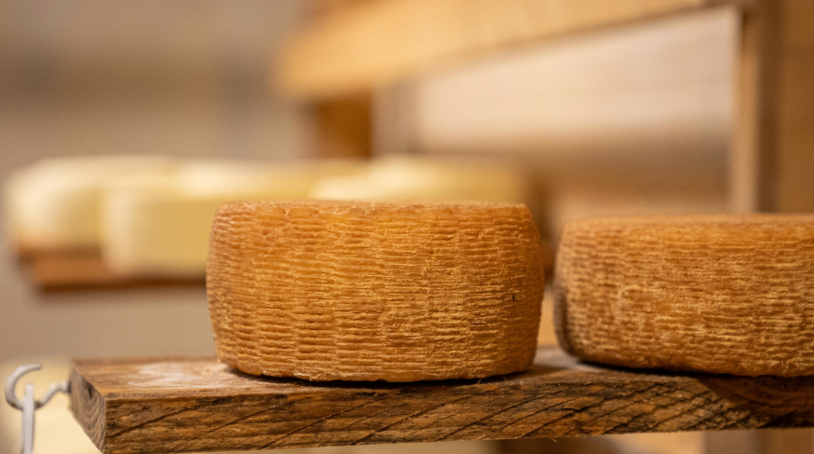 due forme di canestrato su tavola di legno