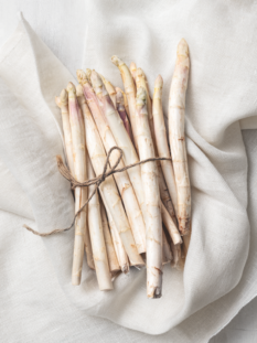 Mazzo di asparagi bianchi freschi legati con uno spago rustico, adagiati su un tovagliolo di lino bianco stropicciato.