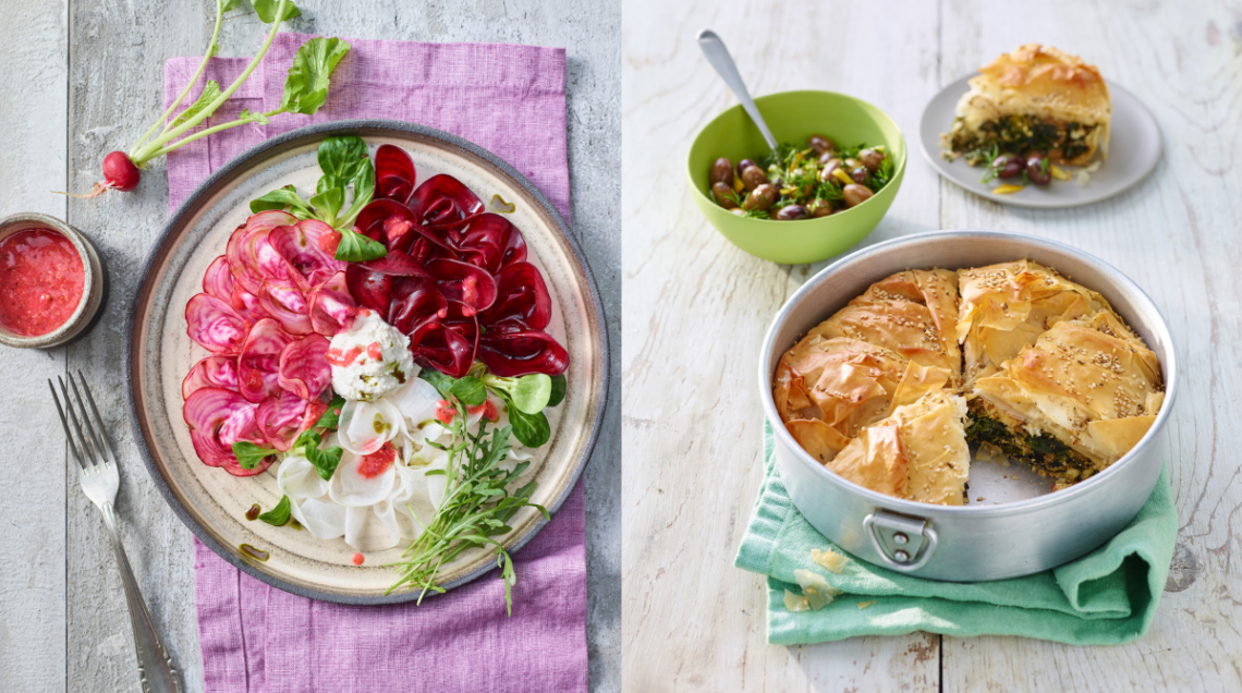 formaggio vegano con verdure e torta salata con formaggio vegano