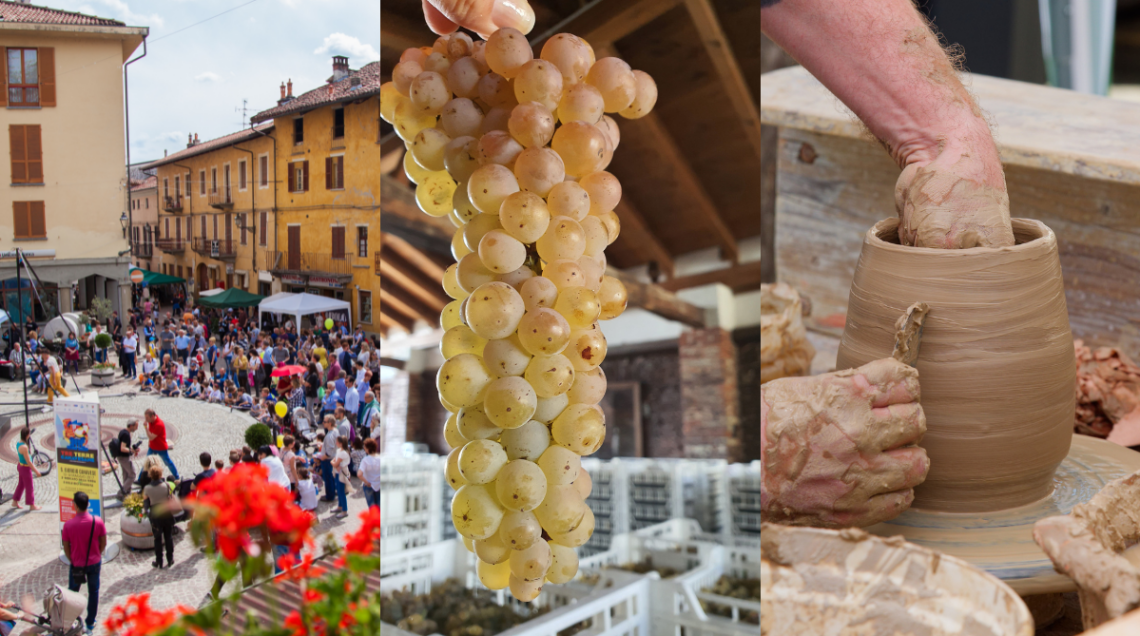 Tre immagini verticali che mostrano una piazza affollata durante il Mercato della Terra, un grappolo d'uva Erbaluce e un artigiano che modella la ceramica sul tornio.