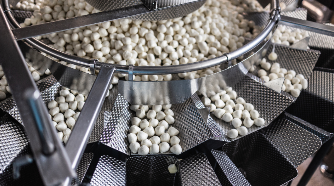 Centinaia di piccole ovoline di mozzarella che scorrono su un vassoio di smistamento in acciaio.