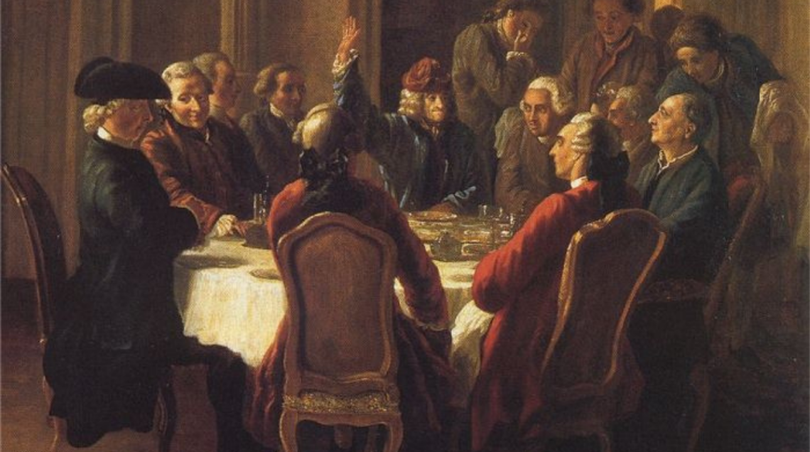 Un quadro a olio di Jean Huber raffigura Voltaire e altri intellettuali Illuministi attorno a una tavola imbandita a Ferney