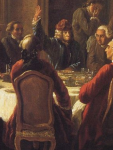 Un quadro a olio di Jean Huber raffigura Voltaire e altri intellettuali Illuministi attorno a una tavola imbandita a Ferney