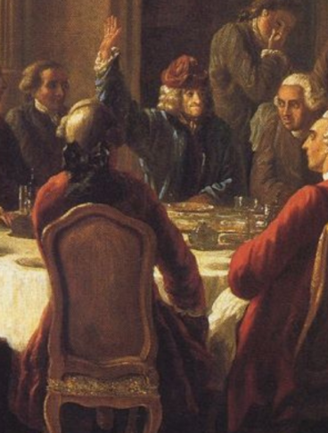 Un quadro a olio di Jean Huber raffigura Voltaire e altri intellettuali Illuministi attorno a una tavola imbandita a Ferney