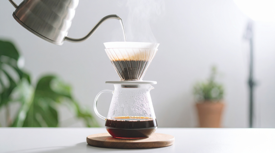 Estrazione di caffè filtro con metodo pour over manuale tramite bollitore a collo di cigno e caraffa di vetro.