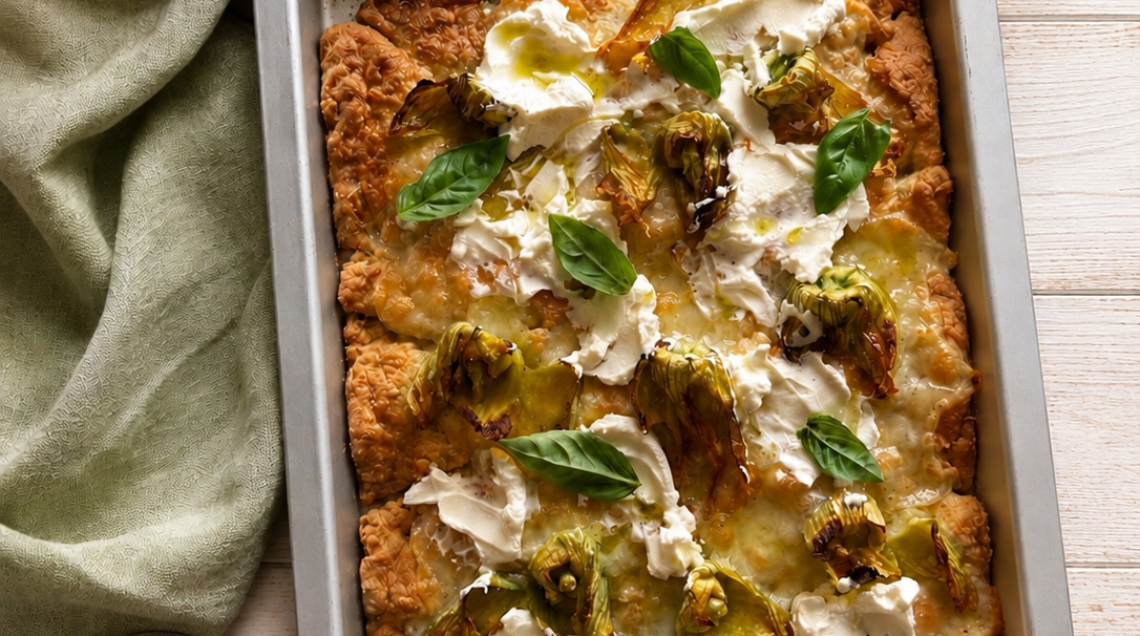 Focaccia furba con fiori di zucca e formaggio cremoso
