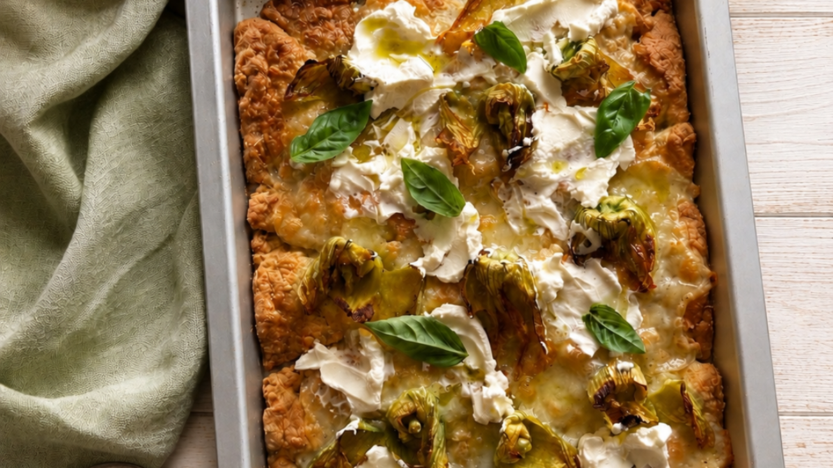 Focaccia furba con fiori di zucca e formaggio cremoso