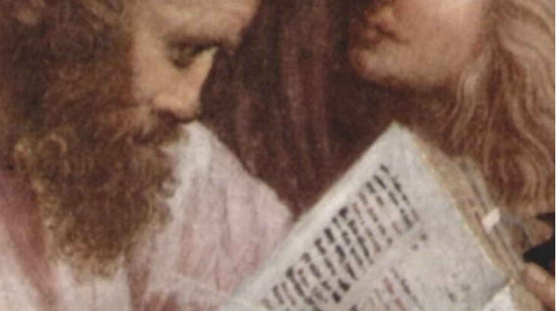Un dettaglio del quadro di Raffaello "La Scuola d'Atene", raffigurante Pitagora con un allievo (1511)
