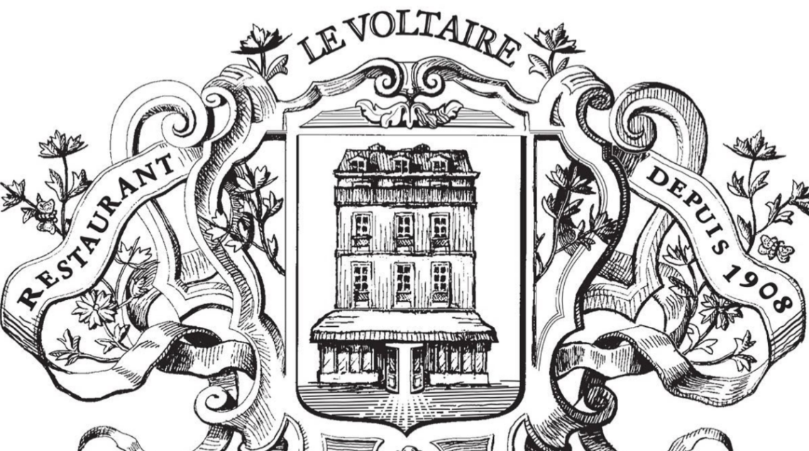 Grafica del logo del Ristorrante-brasserie Le Voltaire, dal 1908 al 27 di Quai Voltaire, nella casa dove visse il filosofo a Parigi