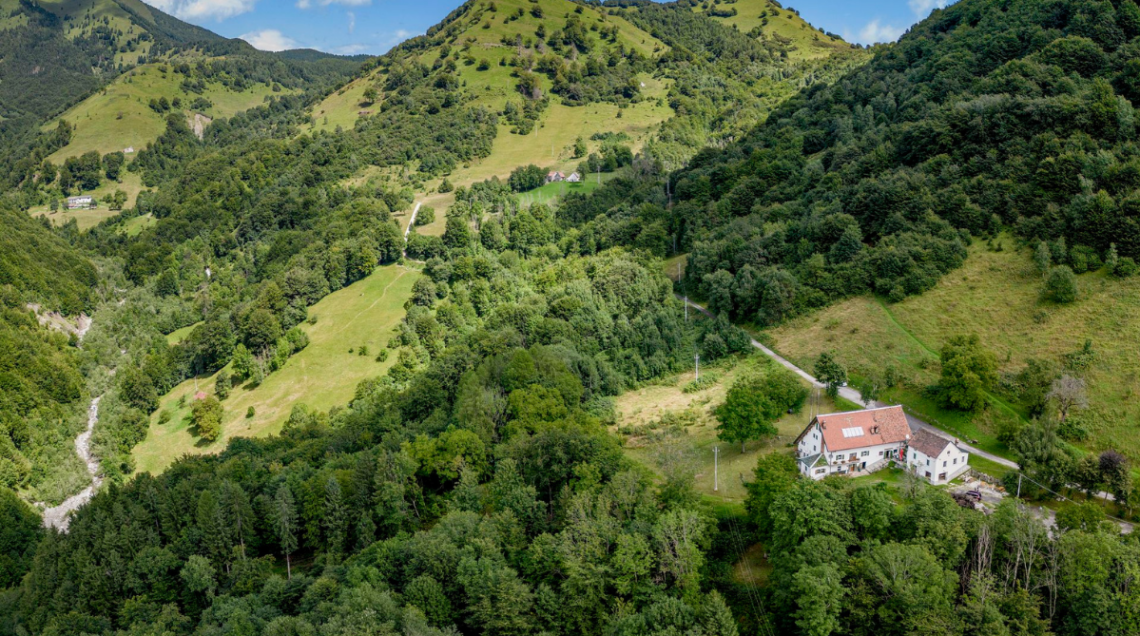 Veduta aerea panoramica del Rifugio Fornas immerso tra i fitti boschi e i prati verdi delle Alpi Carniche.