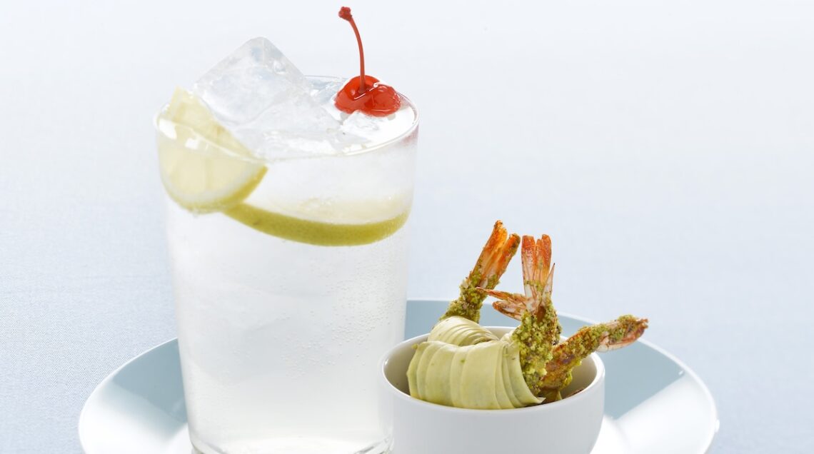 Tom Collins con involtini di gamberi ai pistacchi