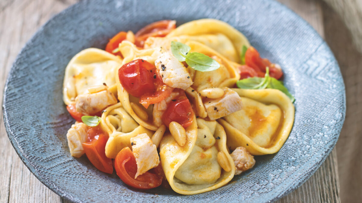 Tortelli di melanzane e burrata con dadolata di cernia