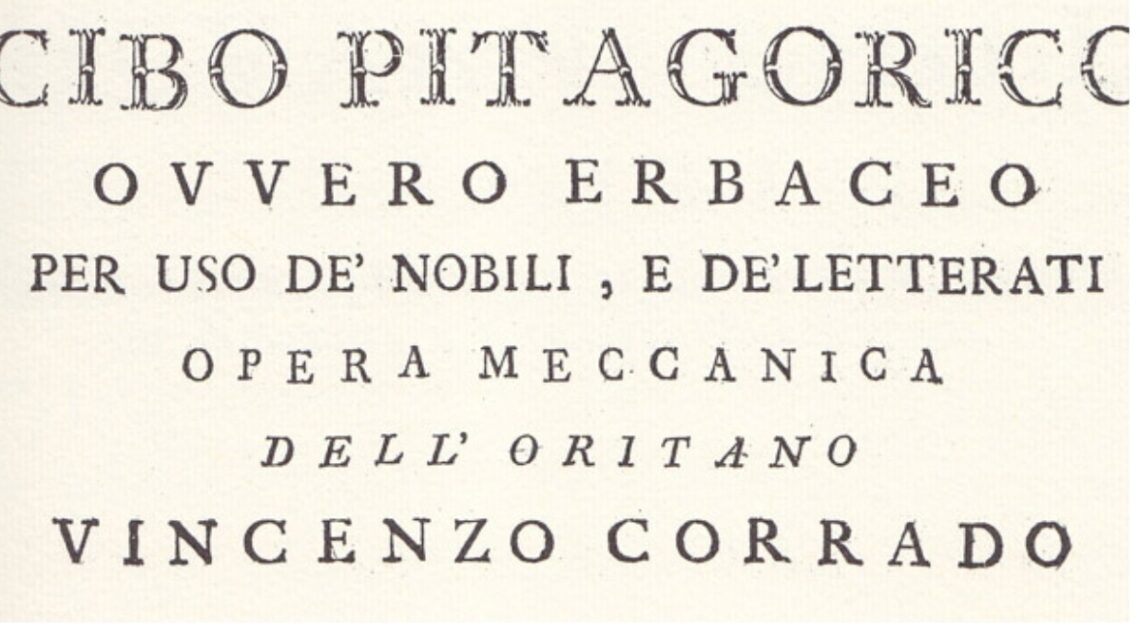La copertina originale del libro diel cuoco e gastronomo settecentesco Vincenzo Corrado, "Il cibo pitagorico"