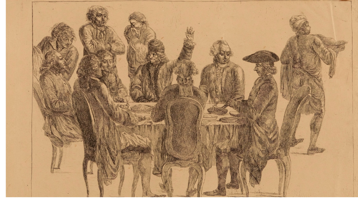 Stampa che ritrae su fondo arancione una riunione di Illuministi con Voltaire, l'Abb&eacute; Maury, Diderot e altri al Caf&eacute; Procope a Parigi, 1786