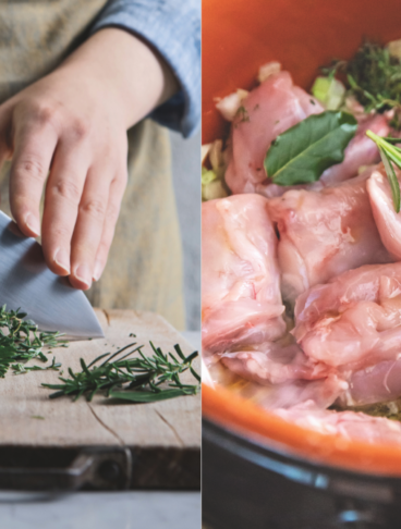 Preparazione di un piatto con erbe aromatiche: a sinistra una chef trita rosmarino e timo su un tagliere, a destra pezzi di carne cruda in pentola con aromi e olio.