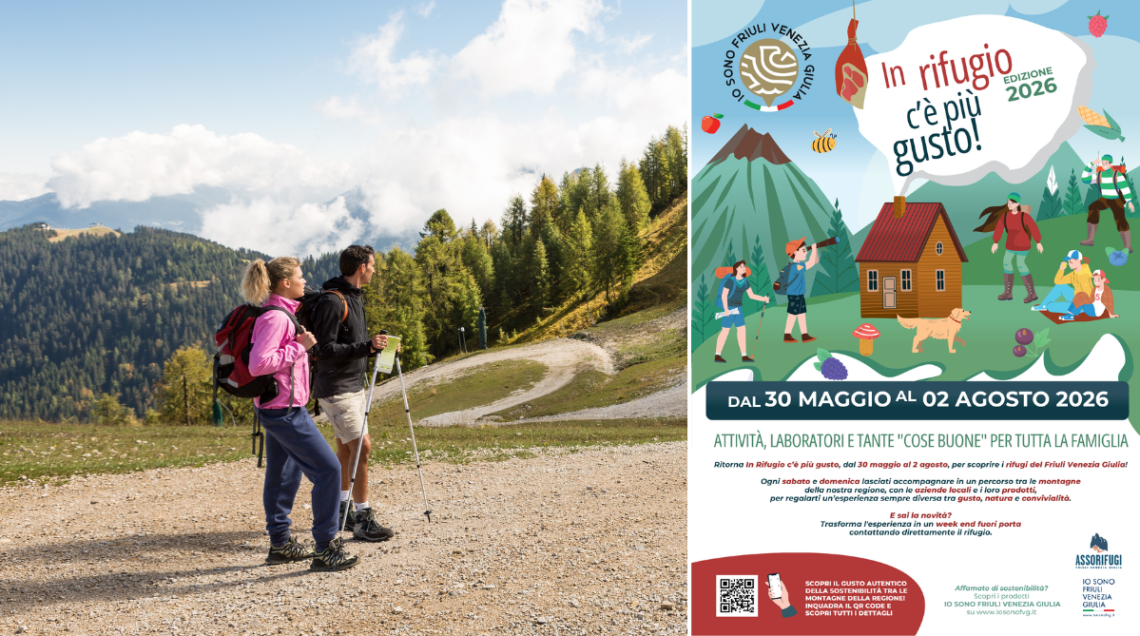 Locandina dell'evento "In rifugio c'&egrave; pi&ugrave; gusto Edizione 2026" in Friuli Venezia Giulia, affiancata dalla foto di due escursionisti su un sentiero montano.