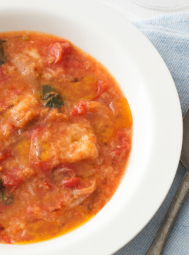 pappa al pomodoro in un piatto con accanto un cucchiaio
