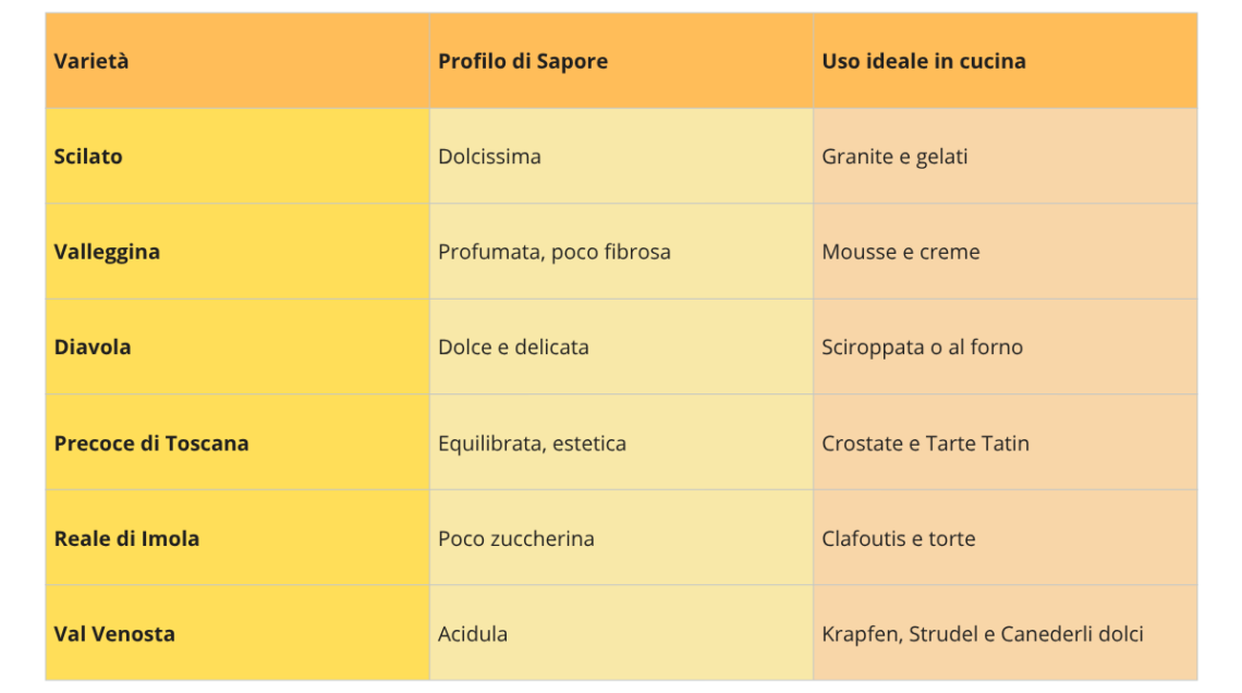 Una tabella comparativa che elenca diverse varietà di albicocche italiane (Scilato, Valleggina, Diavola, Precoce di Toscana, Reale di Imola, Val Venosta). Per ogni varietà, sono indicati il profilo di sapore (dolcissima, profumata, acidula, ecc.) e l'uso ideale in cucina (granite, mousse, sciroppata, crostate, torte, krapfen, ecc.). I colori sono giallo, arancione e crema.