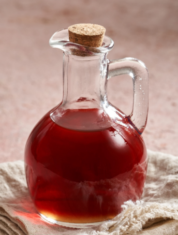sfondo rosa con boccetta elegante colma di un condimento liquido denso rosso (agresto), appoggiata su un tovagliolo di lino,
