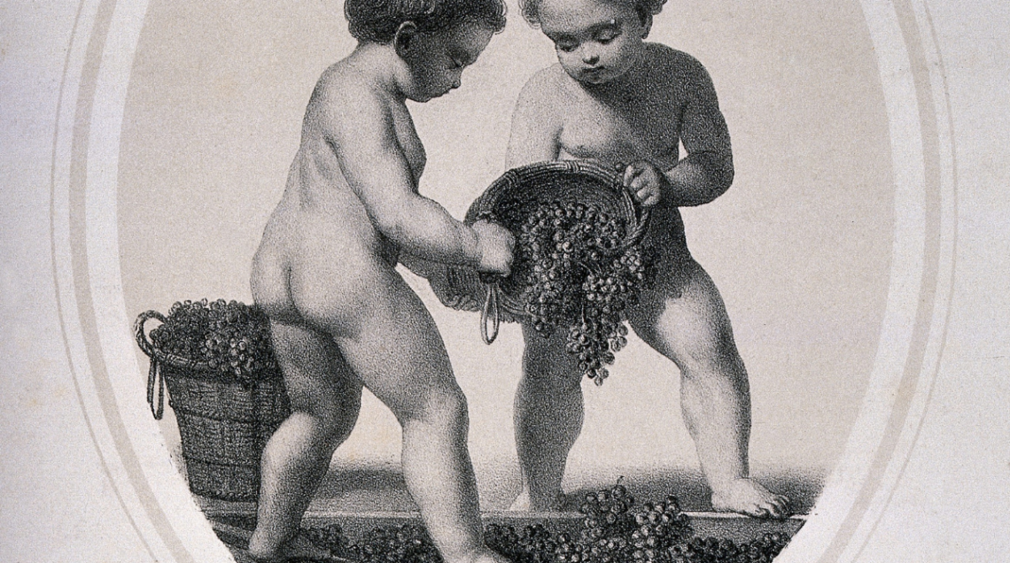 Litografia di fine Ottocento che mostra due bimbi nudi mentre pigiano uva in una botte