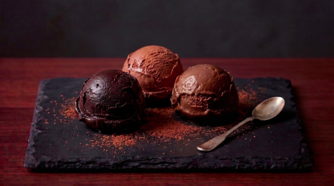Tre palline di gelato al cioccolato fondente monorigine di tre intensit&agrave; di colore diverse su un vassoietto scuro, fondo nero